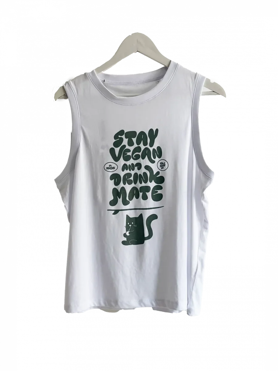 Camiseta sin mangas Stay Vegan and Drink Mate blanca, delante
